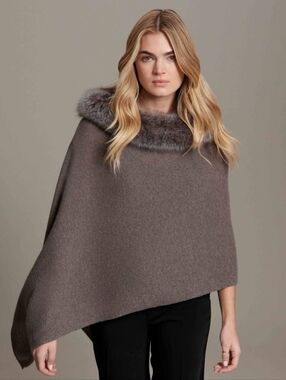 Alashan 100% Cashmere Fox Trim Brown Poncho Topper Lightweight Sweater